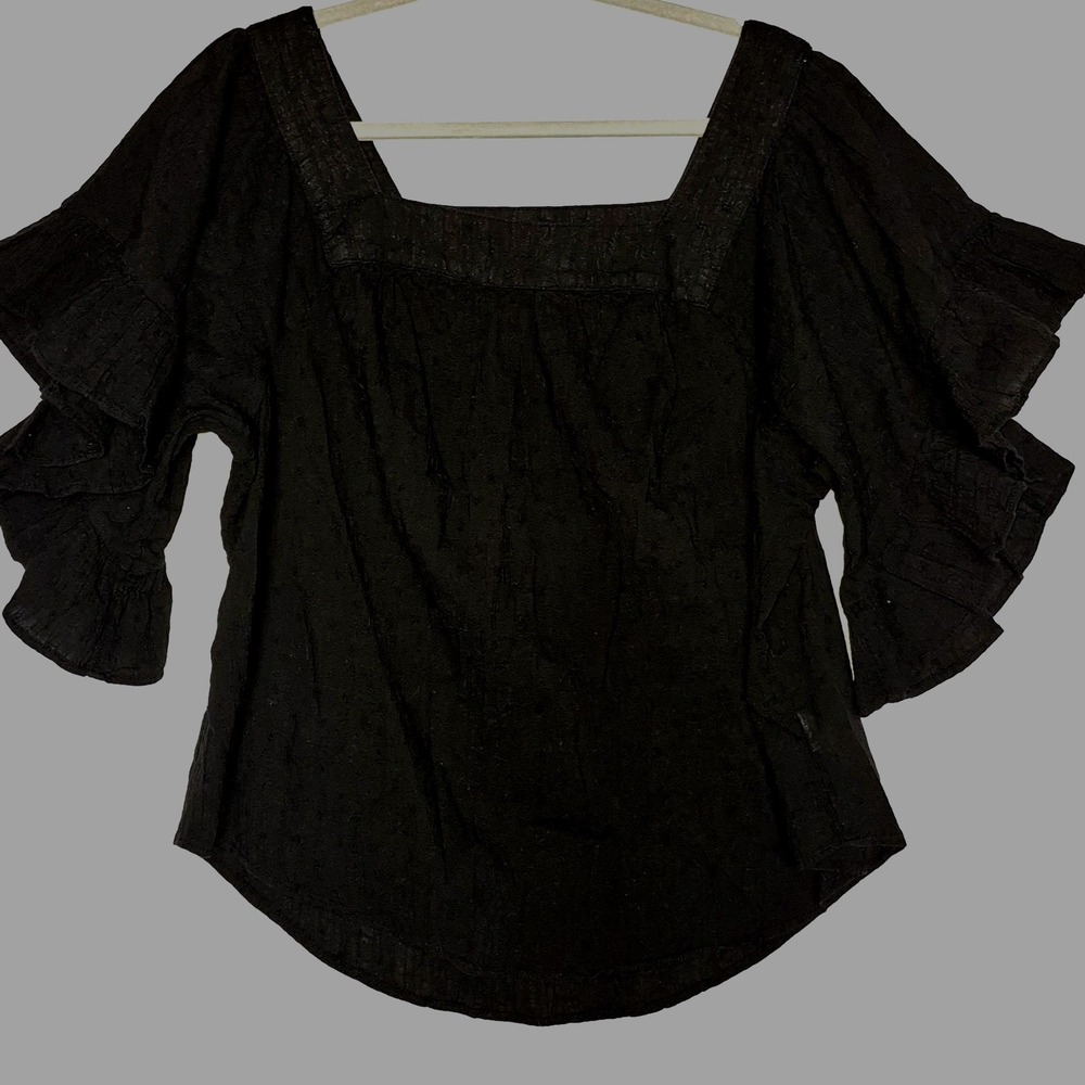 Terra & Sky Black Square Neck Ruffle Puff Short Sleeve Cotton Blouse Women's 1X